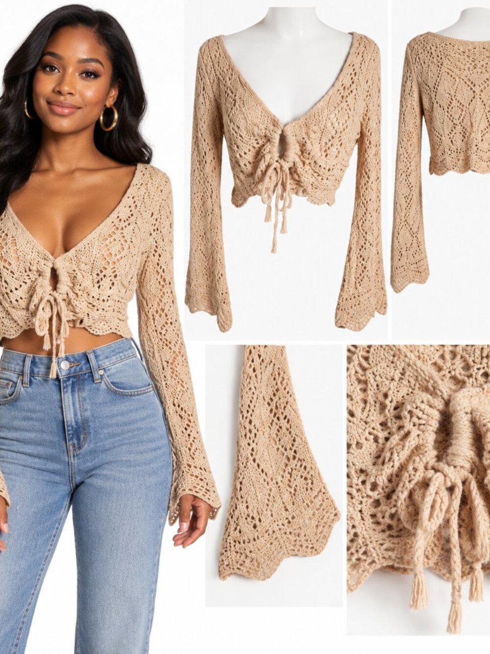 American Threads Beige Crochet Tie Front Crop Top Bell Sleeve Boho Coastal L